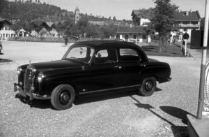 A Mercedes Benz Type W 121 at a petrol station, Germany 1950s. A Mercedes Benz Type W 121 at a petrol station, Germany 1950s.